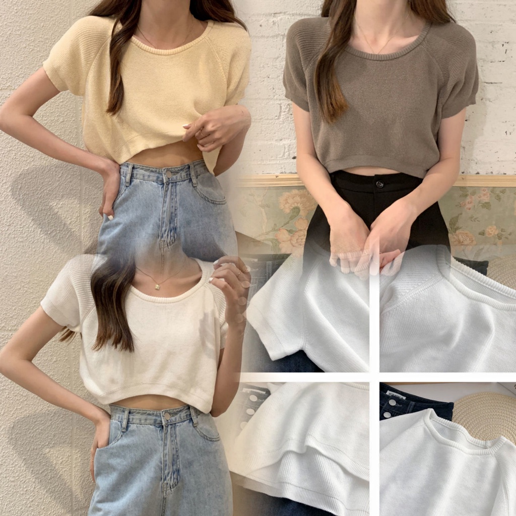 เสื้อแขนสั้นไหมพรม พาสเทลเสื้อ ผ้านิ่มใส่สบายแขนสั้น โชว์เอว สวมใส่สบาย 9572-1#