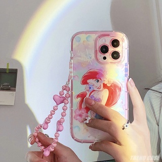 เคสป้องกันโทรศัพท์มือถือ ลายดิสนีย์นางเงือก ขอบสีชมพูเรืองแสง สําหรับ iPhone 11 12 13 pro XS MAX X XR