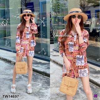 TW14697  Set 2 ชิ้น เสื้อเชิ้ตคอปก แขนยาว + กางเกงขาสั้น เอวสม็อกหลัง มีกระเป๋าล้วงข้าง เนื้อผ้าไหมอิตาลี ลายม้าลาย