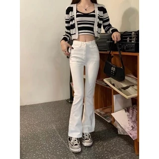 Cicishop(0959)New Jeans💥 กางเกงยีนส์ทรงกระบอกปลายขาบาน ยืดได้ ทรงเก๋แมตช์ง่ายไม่เอ้าท์