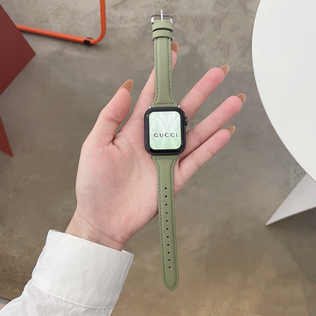 สายนาฬิกาข้อมือ สายหนัง สีเขียว เรียบง่าย แบบเปลี่ยน สําหรับ Apple Watch iWatch 7 6 5 4 3