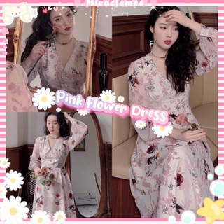 Pink Flower Dress เดรสลายดอกไม้  ผ้าชีฟอง คอวี แต่งขอบลูกไม้ แขนยาว โทนสีชมพูหวานๆ เดรสกระโปรงยาว งานป้ายypy