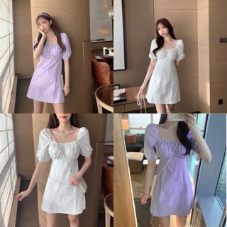 🌻 Basic purple&amp;white dress ชุดเดรสสั้น เเต่งจีบช่วงอก มี2สี ม่วง ขาว เนื้อผ้าโพลีเอสเตอร์ผสม มีซับใน 🌈