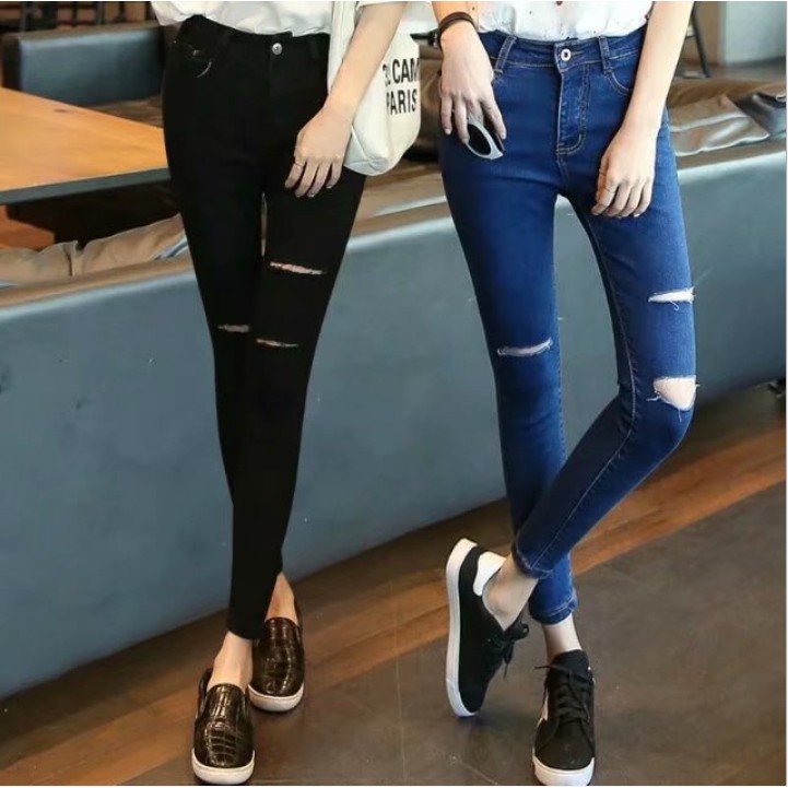 กางเกงยีนส์เอวสูงแฟชั่นสไตล์เกาหลีสำหรับผู้หญิง