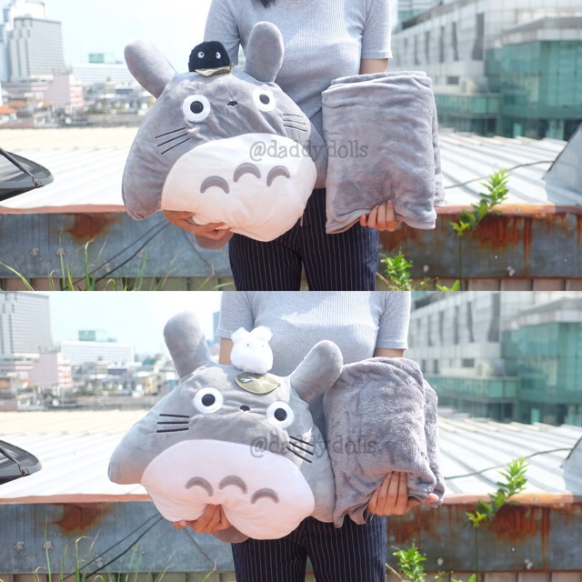 ตุ๊กตา หมอนผ้าห่ม Totoro โตโตโร่ มี Sootballs ฝุ่น & Jicha บนหัว 10นิ้ว (100x150cm)