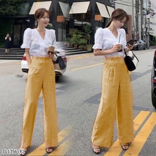 1356 เสื้อลูกไม้สีขาวแต่งแขนระบาย+กางเกงขายาวสีเหลือง