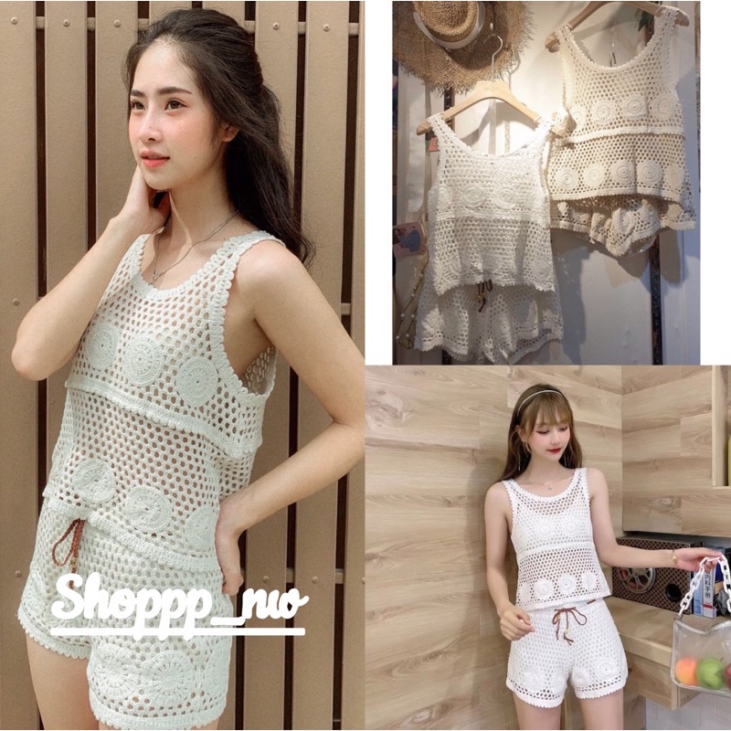 New set จัดโปร 5 วัน เสื้องานถักแขนกุด+กางเกงขาสั้น มีเสื้อขายแยกชิ้นค่ะสีขาว,สีครีม