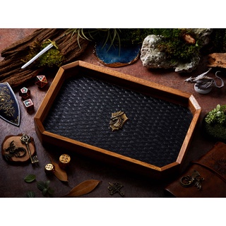 Dragon Shield Dice Tray | Black Leather &amp; Metal Shield yellow balck | Octagon Dice Tray | Faux Leather | RPG Dice Tray |