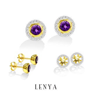 Lenya Jewelry ต่างหูเงินแท้ 925 ผสานเทคนิคการชุบ 2 ชนิด โรเดียมและทองคำ 18K ต่างหูประดับ Amethyst