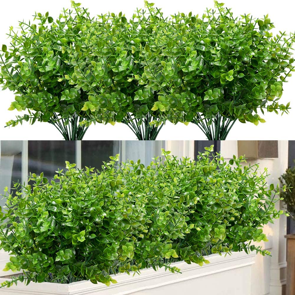 ประดิษฐ์ EUCALYPTUS Boxwood UV ทนปลอม Stems พืช, Faux พลาสติก Greenery สําหรับในร่มนอกแขวนพืชสวน Porch หน้าต่างกล่องบ้านงานแต่งงาน Farmhouse Décor