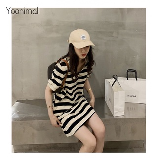 Loose Short Sleeve Backless Stripes Polo Dress