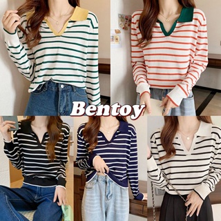 Bentoy(81018-1)เสื้อยืดไหมพรมแขนยาวคอปกลายทาง คอปก ผ้านิ่มใส่สบาย