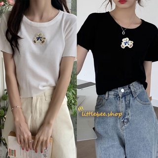 littlebee🍄56021-1 เสื้อยืดไหมพรม แขนสั้น คอกลม แต่ลายปักน้องหมี เนื้อผ้าไหมพรมนุ่ม