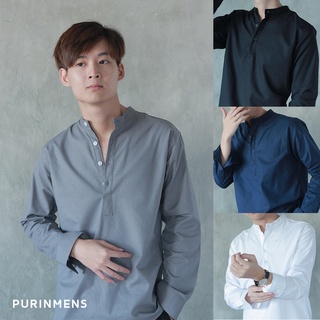 Purinmens รีดง่าย ใส่สบายมาก เสื้อเชิ้ตสไตล์เกาหลี ผ้าคอตตอนผสมลินิน แขนยาว ดีไซน์คอจีน กระดุมครึ่งตัว M-HALF