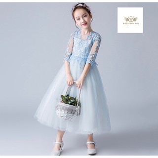 💕  Cute Dress Girls. ❤️ ชุดเด็กหญิง ชุดออกงาน 2 ชิ้น กระโปรงยาว สีฟ้าขาว 110 ถึง 170