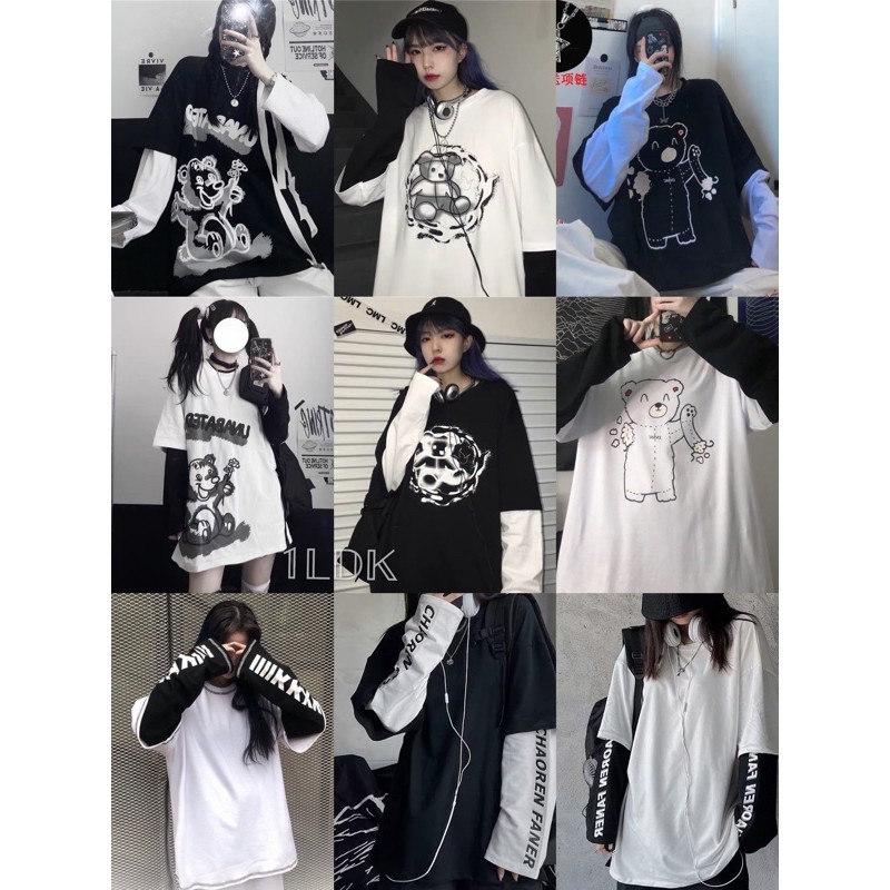 1LDK พร้อมส่ง เสื้อยืดผู้หญิง เสื้อแฟชั่นเกาหลี คอกลมโอเวอร์ไซด์แขนยาวสกรีนลายการ์ตูน ต่อเเขนยาว (036)