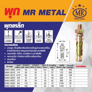 พุกเหล็ก PK-SL3/16*40 ขนาด 3/16 นิ้ว เอ็มอาร์ เมทัล (MR METAL) 400 ชิ้น