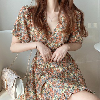 Xiaozhainv dress เดรสคอวี ยาว 3 ส่วน ลายดอกไม้ สไตล์เกาหลี น่ารัก