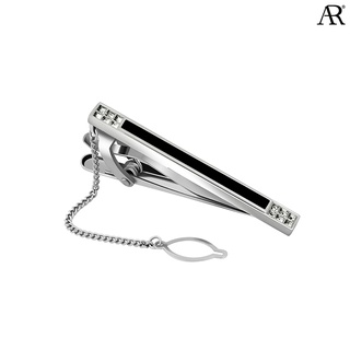 ANGELINO RUFOLO Tie Clip ดีไซน์ Onyx &amp; Crystal เข็มหนีบเนคไทโรเดียมคุณภาพเยี่ยม สีเงิน