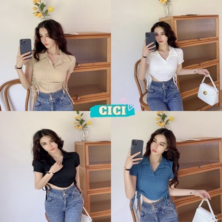 Cici(NO.127)CropTop เสื้อครอป เนื้อผ้าเทกเจอร์มีลายสายรูดข้าง สไตล์สายเกา