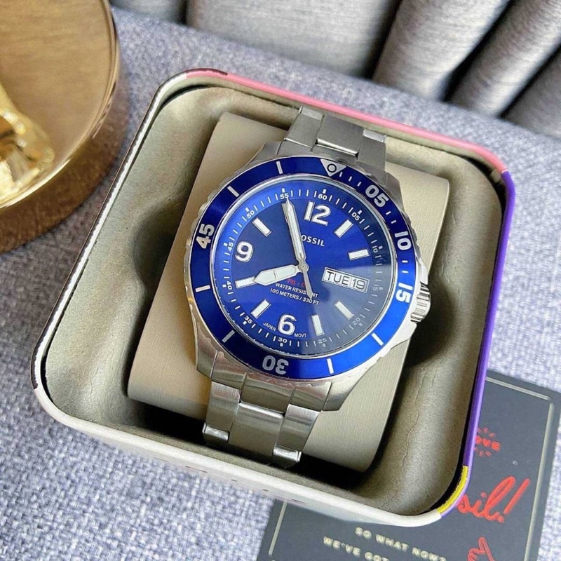 ผ่อน0%  Fossil Men's Three-Hand Date Blue Dial Stainless Steel Watch FS5691 สีเงิน-ปัดนง.