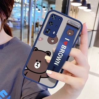 Huawei P20 P30 P40 P50 Pro P30 Lite P40 Lite 5G การ์ตูนหมี ป้องกันเต็มเลนส์ ผิวแข็ง เคสโทรศัพท์ พร้อมสายรัดข้อมือ