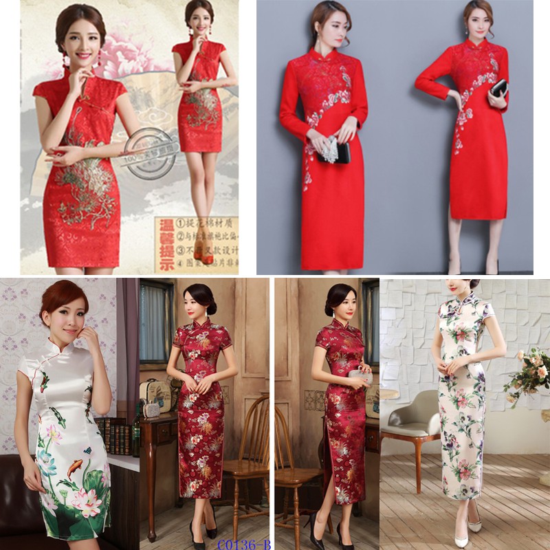 (ลดล้างสต็อก）ชุดจีน  กี่เพ้าแฟชั่น กี่เพ้าปัก ชุดกี่เพ้า สีขาวครีม ชุดจีน ชุดเดรสยาว  Women Chinese 