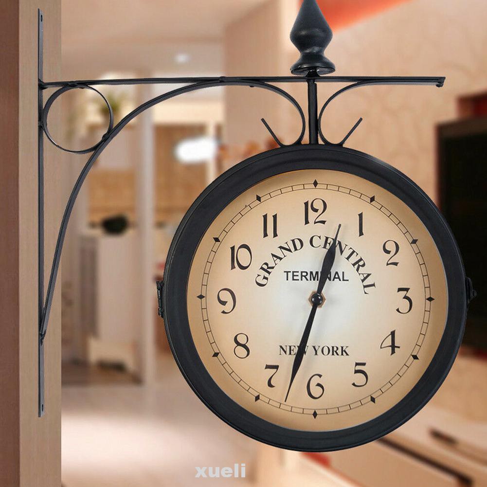 Metal Retro Double-Side Hanging Wall Mount Clock Outdoor Station ...