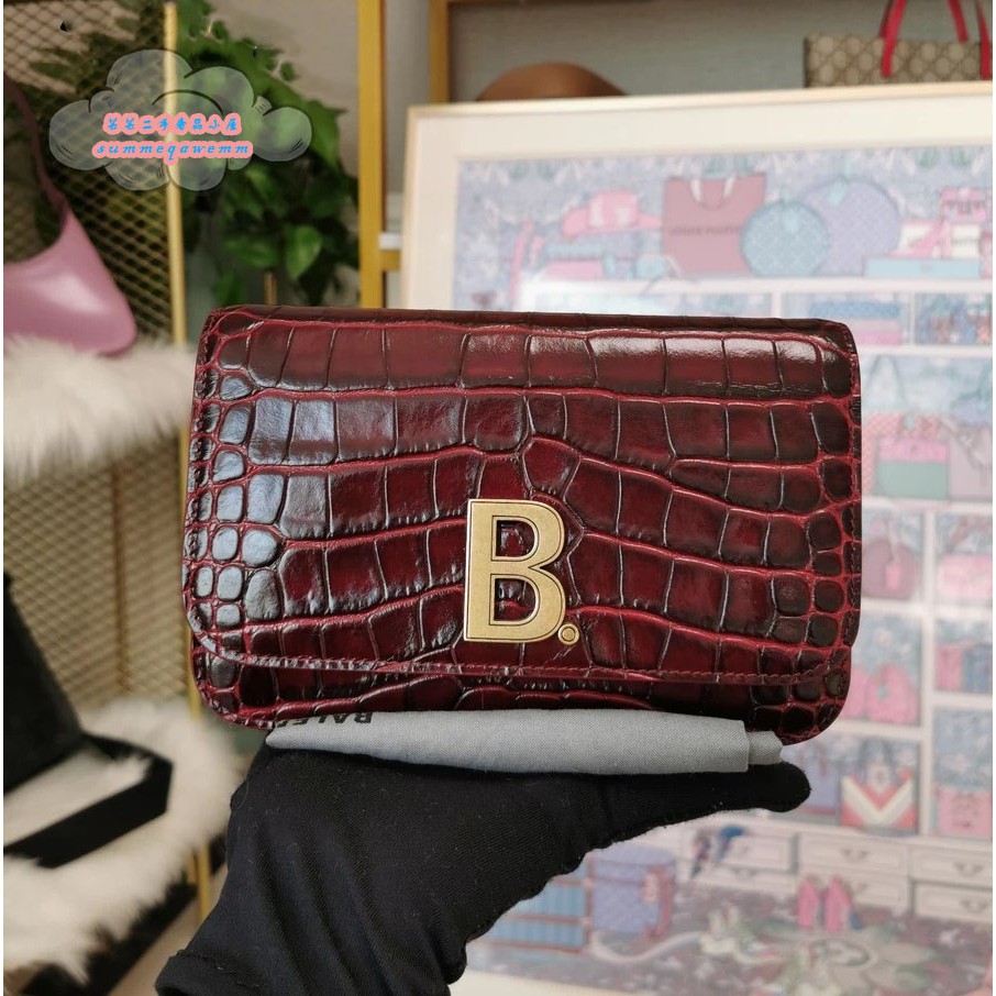 BALENCIAGA Burgundy Crocodile Embossed B Bag กระเป๋า WOC Small Square Bag/Shoulder Bag/Cross Bag/Chain Bag/Tofu Bag