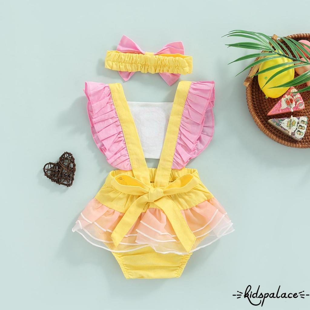 BbQ-Infant Baby Girl Summer Jumpsuit Set Ruffled Sleeve Donut Graphic Print Contrast Color Romper + Bow Headband