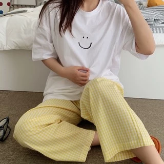 Cicishop SALE(C2096)ชุดเช็ตเสื้อยืด+กางเกงขายาวลายสก๊อต ใส่เล่นใส่นอนก็ได้ ผ้าใส่สบาย