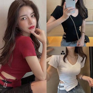 6008#   🌴🌴เสื้อยืด​  คอกลม​  แต่งไขว้หลัง​เซ็กซี่​เบา​ๆ  ผ้ายืดใส่สบาย​ ผ้านิ่ม​  เนื้อผ้ายืดตามลำตัว