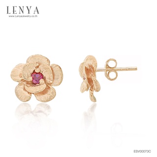 LenYa Jewelry ต่างหูทรงดอกไม้ ที่เกสรประดับด้วย SWAROVSKI ZIRCONIA สีแดง ตัวเรือนเงินแท้ชุบสีพิงค์โกลด์