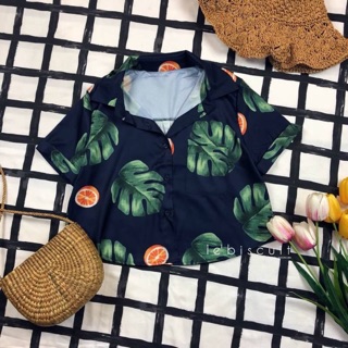 เสื้อครอปเชิ้ตลายใบไม้ลูกส้ม 🌿🍊 พร้อมส่ง