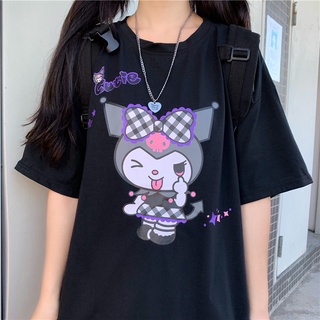 ROUND คอลูกเรือแฟชั่น ใหม่ฤดูร้อนอะนิเมะ Kuromi เสื้อยืดฤดูร้อน Streetwear O-Cutout น่ารักสาวเสื้อยืดเวอร์ชั่นเกาหลี-4XL