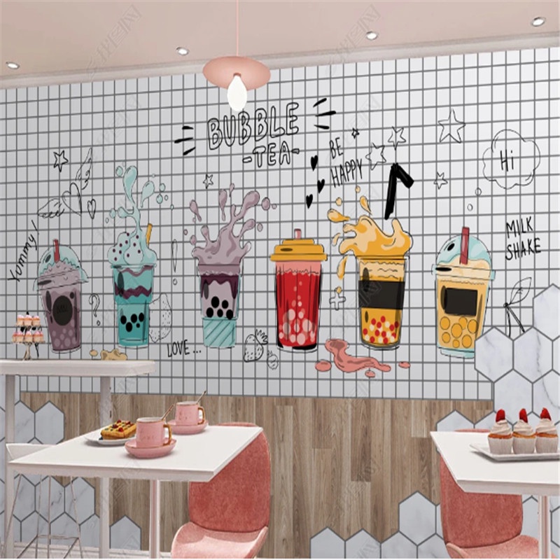 วอลเปเปอร์ติดผนัง ภาพวาด รูปร้านชานม 3d สไตล์นอร์ดิก เรียบง่าย ทันสมัย สําหรับตกแต่งบ้าน ร้านค้า ร้านขนมหวาน