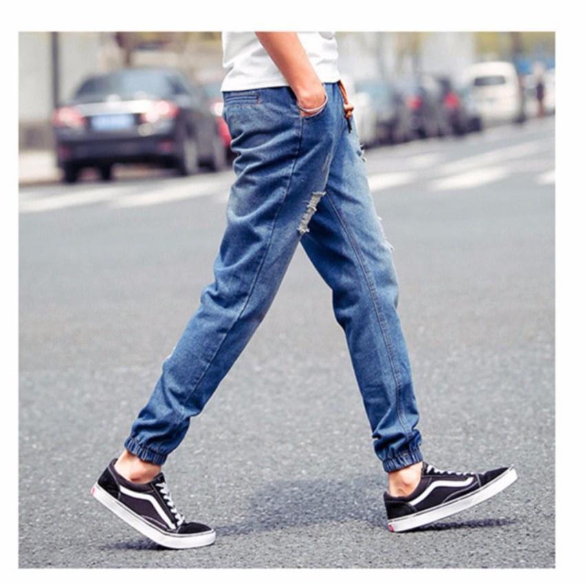 DEER กางเกงยีนส์ขาจั้ม ผู้ชาย แต่งขาด เอวผูกเชือก  รุ่น 026