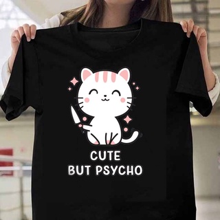 Cat เสื้อยืดลําลอง แขนสั้น พิมพ์ลาย But Psycho น่ารัก สีดํา สไตล์ฮาราจูกุ สําหรับสตรีS-5XL