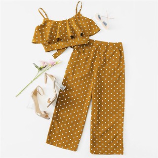 ‼️SALE‼️พร้อมส่ง Dotfashion Yellow Polka Dot Ruffle Knot Cami Top And Culotte Pants Set