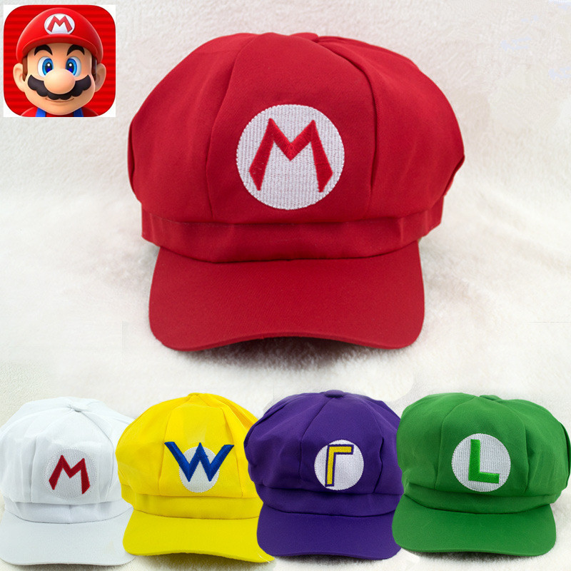 Luigi Bros โดมหมวกผ้าฝ้ายคลาสสิกอะนิเมะ Super Mario คอสเพลย์ Props หมวกชายหญิงเบสบอลหมวกเด็กผู้ใหญ่อุปกรณ์เสริม