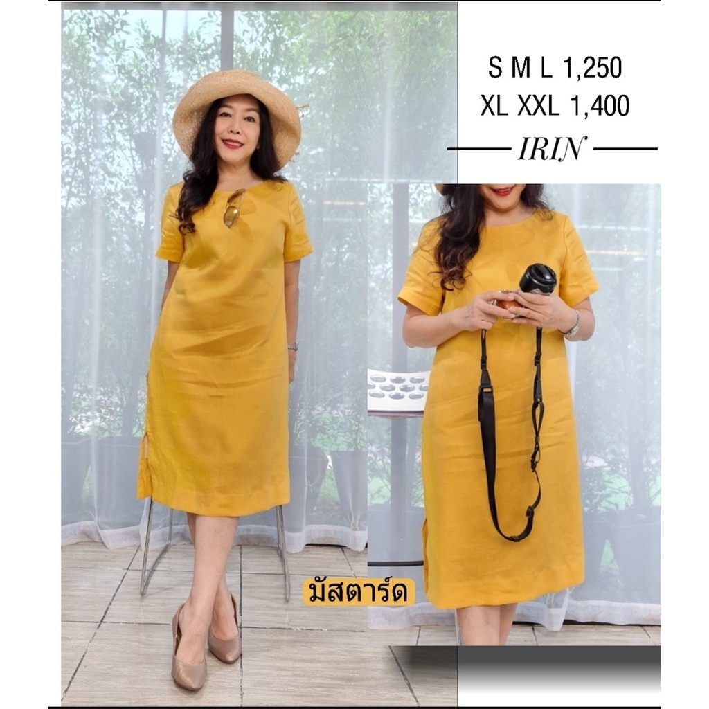เดรสคอกลมแขนสั้น ผ้าลินินแท้  เส้นใยธรรมชาติ ชุดทำงาน  ชุดลำลอง