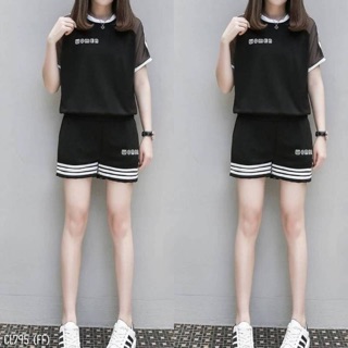 795 เสื้อคอกลมผ้าสกูบ้าพิมพ์ตัวอักษร woman+กางเกง