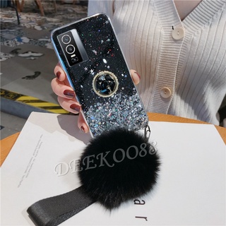 New เคสโทรศัพท์ VIVO Y76 5G Cellphone Case Housing Luxury Rhinestone Ring Holder Strap Fur Ball Bling Star Space TPU Soft Transparent Shock Resistant Cover เคส VivoY76 Casing