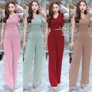 TW17857 Set 2 ชิ้น เสื้อครอปไหล่ระบาย + กางเกงขายาว