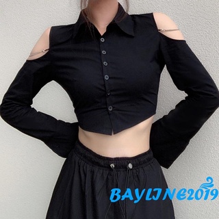 Bay-เสื้อครอปท็อปแขนยาวลําลอง เปิดไหล่ แต่งกระดุม สีพื้น สําหรับผู้หญิง