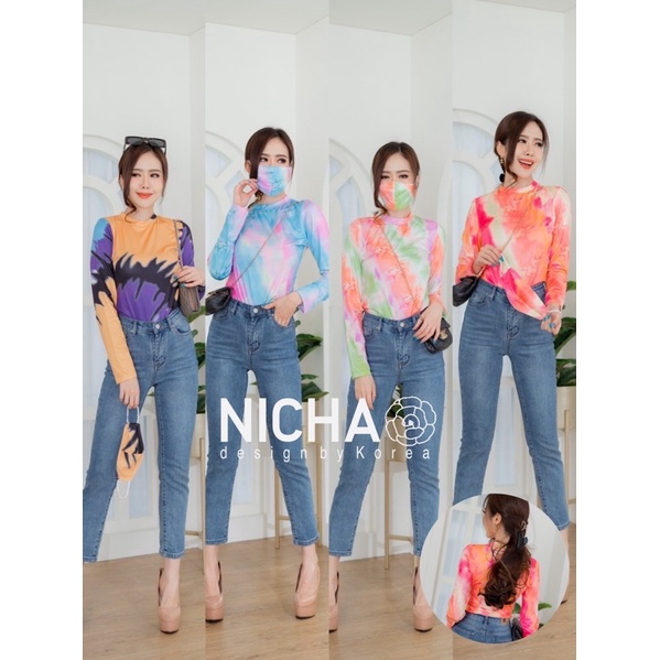 บอดี้สูท ซีทรูแขนยาวลายมัดย้อม + แมสเก๋ๆ Bodysuit by NICHA