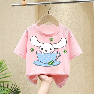 เสื้อยืดแขนสั้น พิมพ์ลายการ์ตูน Cinnamoroll สีชมพู สไตล์เกาหลี สําหรับเด็ก