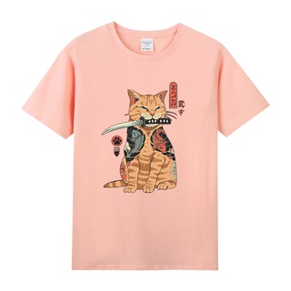 เสื้อยืดสีขาว▬∋▬ญี่ปุ่น Ukiyo-e Harajuku สไตล์ ins super fire samurai dog cat Shiba Inu orange bottoming ผ้าฝ้ายแขนสั้นร