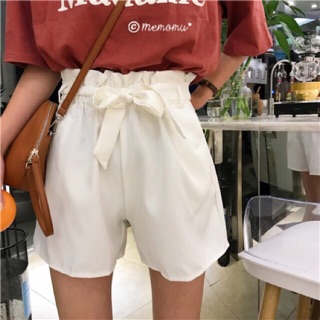 memomu กางเกงขาสั้นมีเชือกผูกโบว์น่ารัก ผ้าเบาใส่สบาย