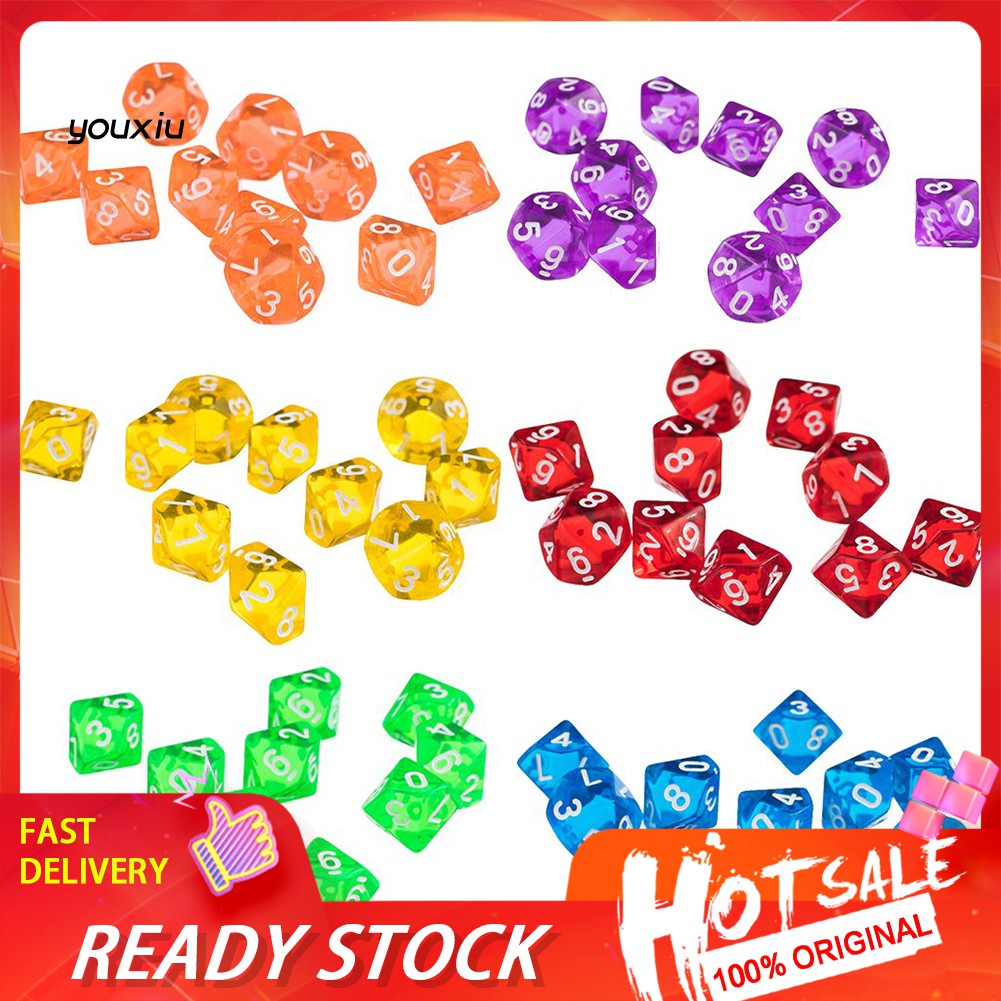LJD 10Pcs Transparent Polyhedral D10 Dice Dungeons Dragons Game Party Pub Supplies